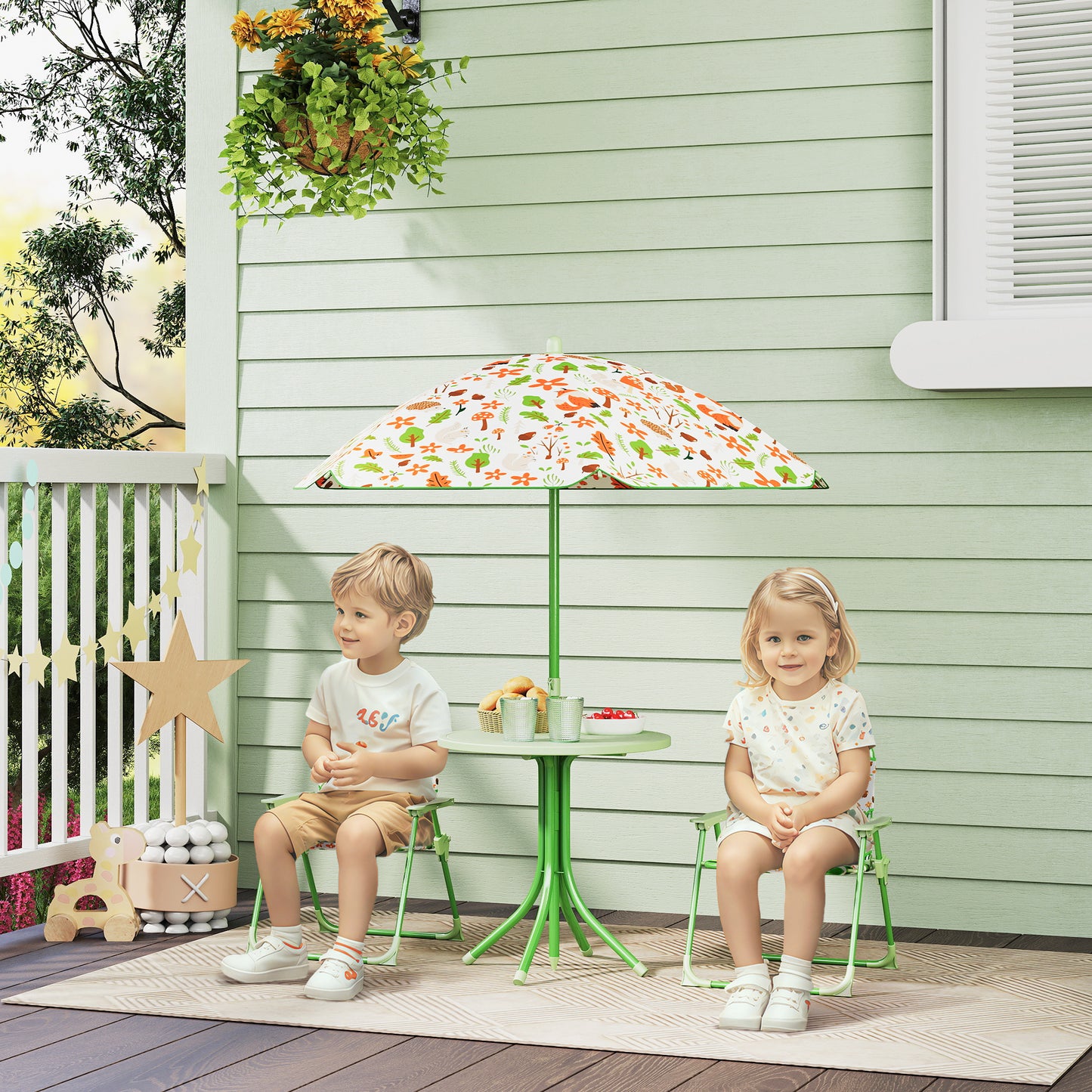 Set de Mobilier de Grădină din 4 Piese cu Masă, Scaune și Umbrelă de Soare Reglabilă, 50xΦ49,5 cm, Verde