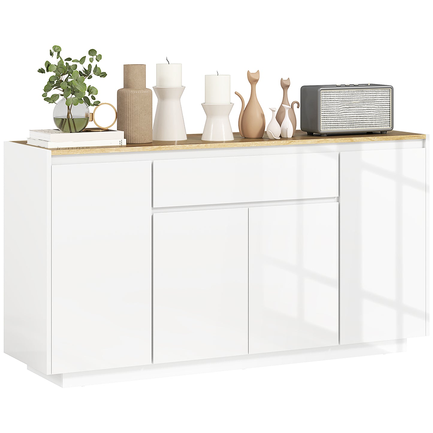 Bufet de Bucătărie cu 3 Dulapuri și 4 Uși cu Îchidere Lină, Mobilier Modern cu Sertar, 140x40x75 cm, Alb