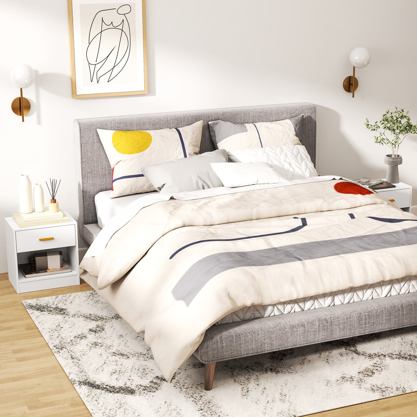 Set de 2 noptiere moderne din lemn cu sertar și raft deschis, 39x28x41 cm, alb