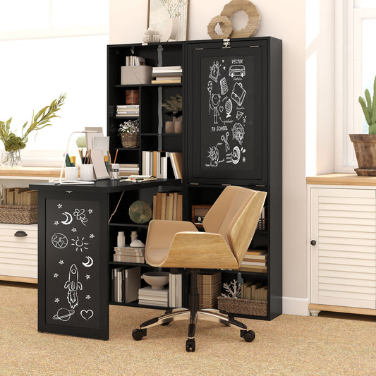 Birou Modern Pliabil cu Bibliotecă și Tablă, din Lemn și Metal, 98x51x153 cm, Negru