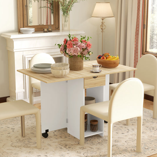 Masă de Dining Pliabilă cu Sertar și Rafturi, Masă Economică cu Extensii pentru Bucătărie, Sufragerie, Living, Stejar