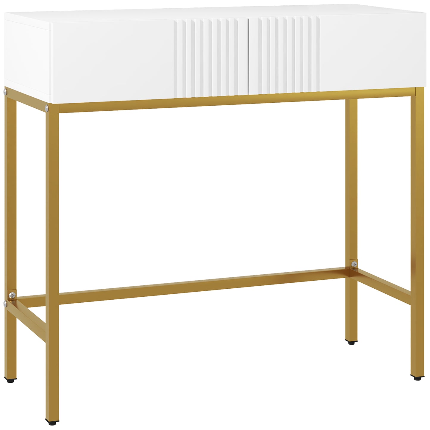 Masă Consolă cu 2 Sertare, Masă Modernă de Intrare cu Bază din Oțel în Ton Auriu, 80x31.5x75 cm, Alb