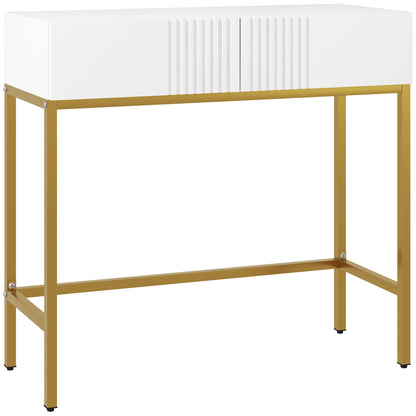 Masă Consolă cu 2 Sertare, Masă Modernă de Intrare cu Bază din Oțel în Ton Auriu, 80x31.5x75 cm, Alb