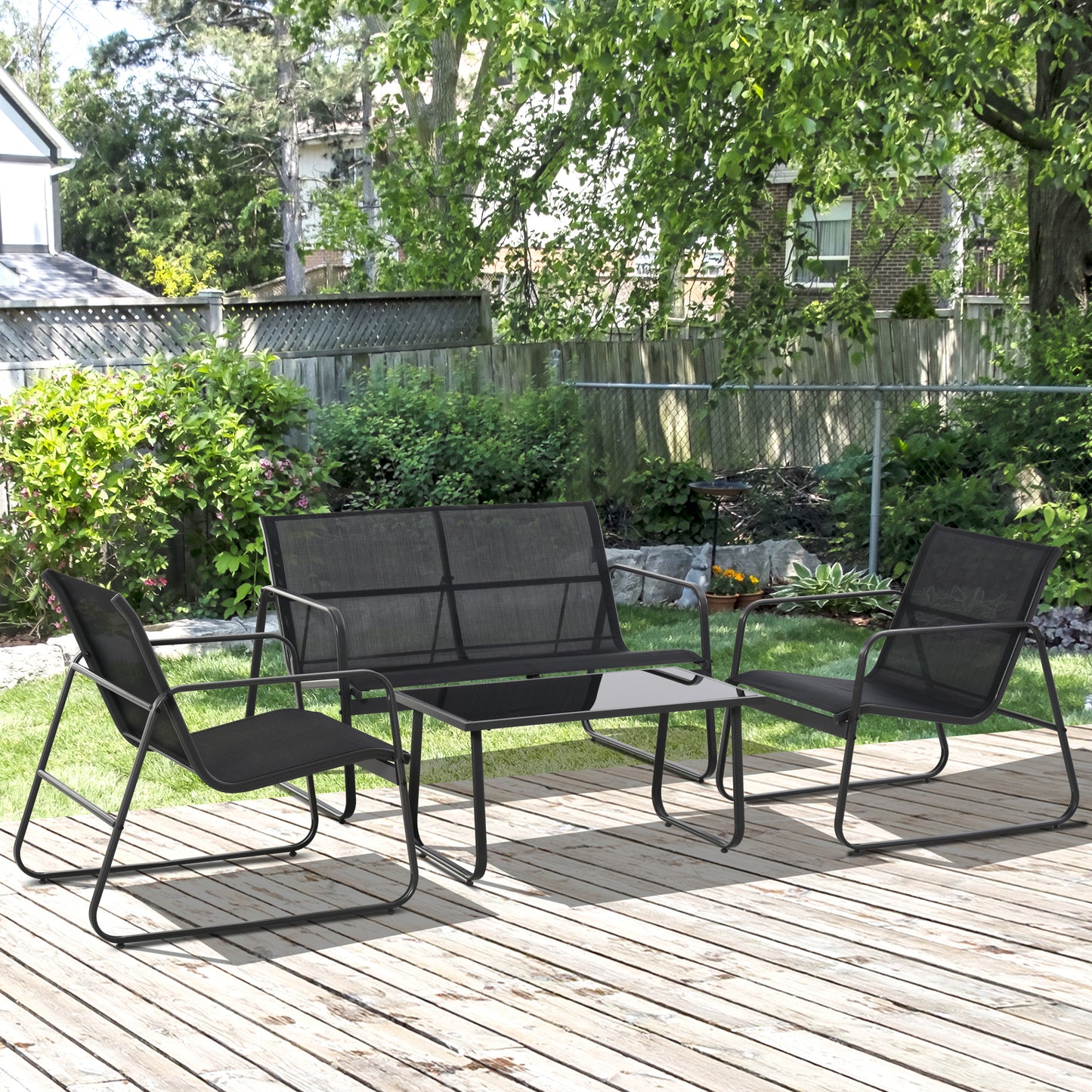 Set Masă Bancă si 2 Scaune de Gradina din Metal si Textilen Neagra