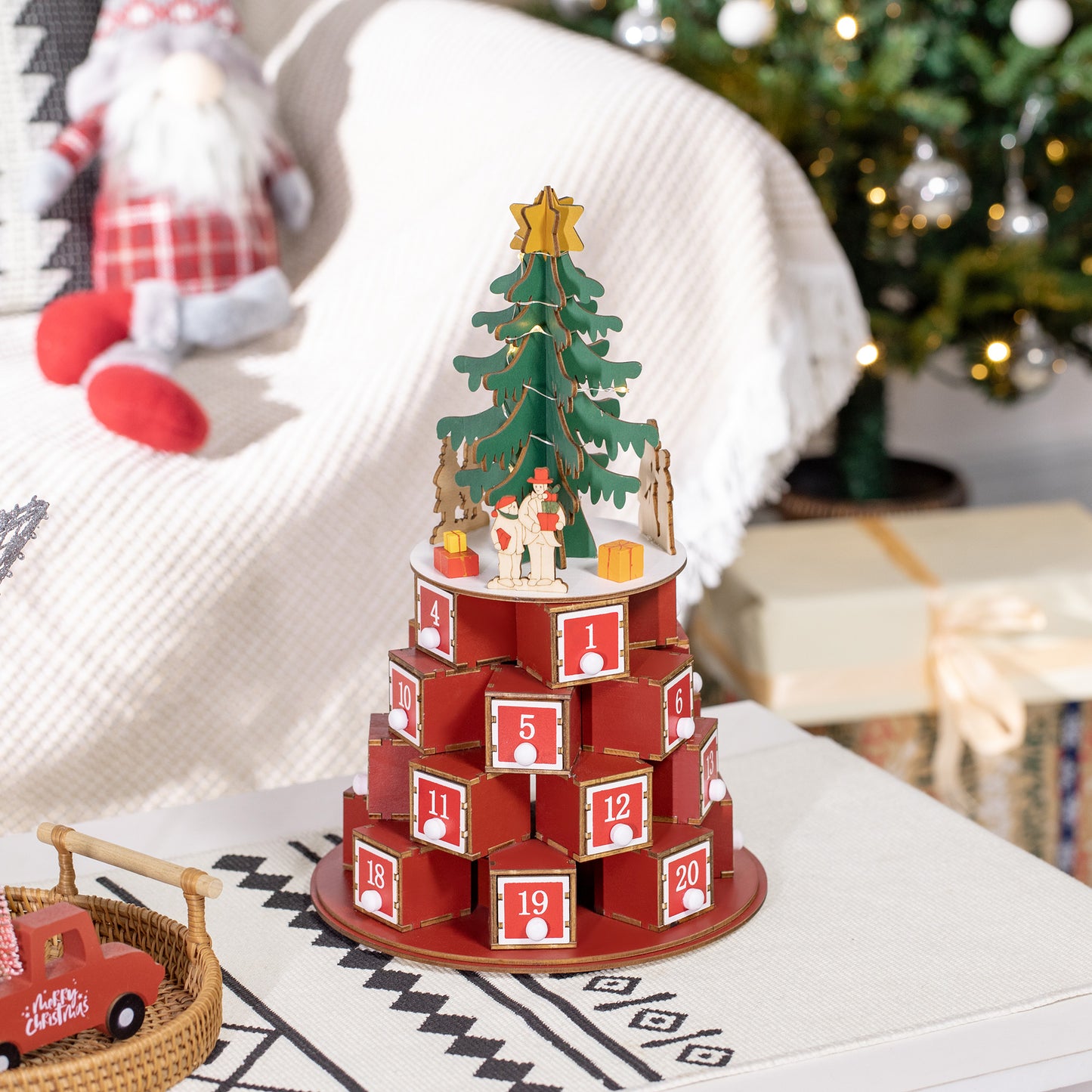 Calendar Advent de Craciun din lemn, cu lumini LED, pentru copii si adulti, rosu si verde