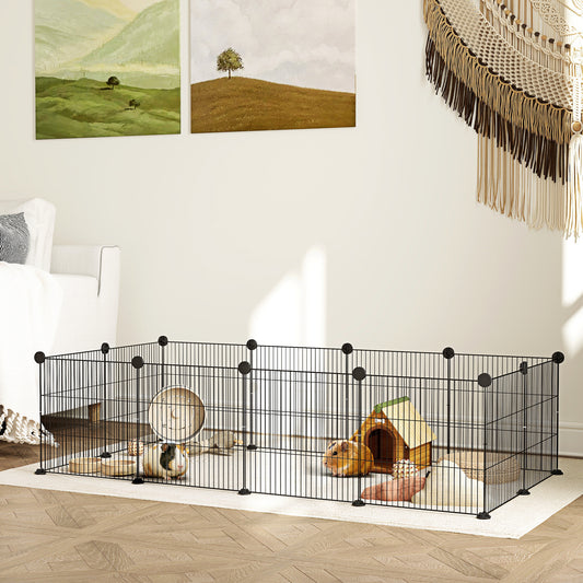 Țarc modular pentru animale cu 12 panouri de 35x35 cm și margini rotunjite, din metal și ABS, 140x70x35 cm, negru