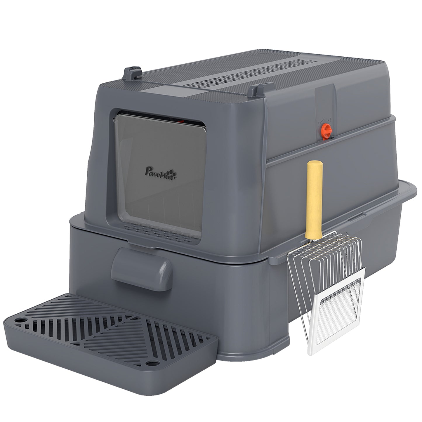 Litieră Închisă de 80L pentru Pisici cu Tavă Detașabilă, în ABS și Oțel Inoxidabil, 63x43x43 cm, Gri Închis