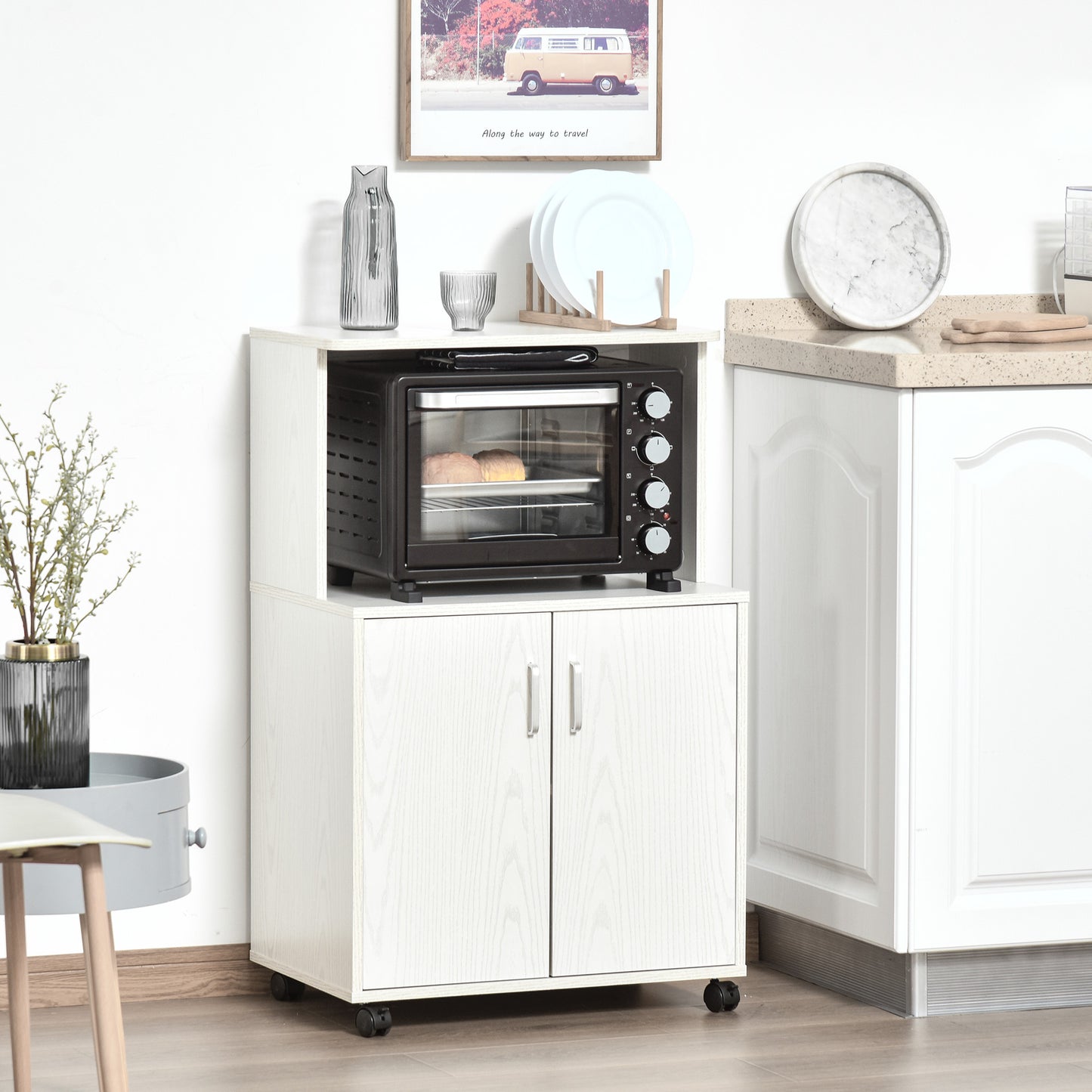 Mobilier pentru Cuptor cu Microunde – Cu Roti si Dulapior, Alb