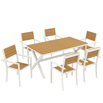 Set Masă și Scaune de Grădină 7 Piese, Set Prânz Exterior din Aluminiu cu 6 Scaune Stivuibile, Masă cu Șipci Imitatie Lemn, pentru Terasă, Balcon, Patio, Teak