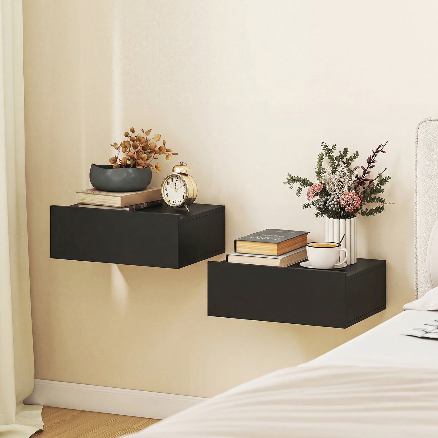 Set de 2 Noptiere Suspendate Moderne cu Sertar din Lemn, 40x30x15 cm, Negru