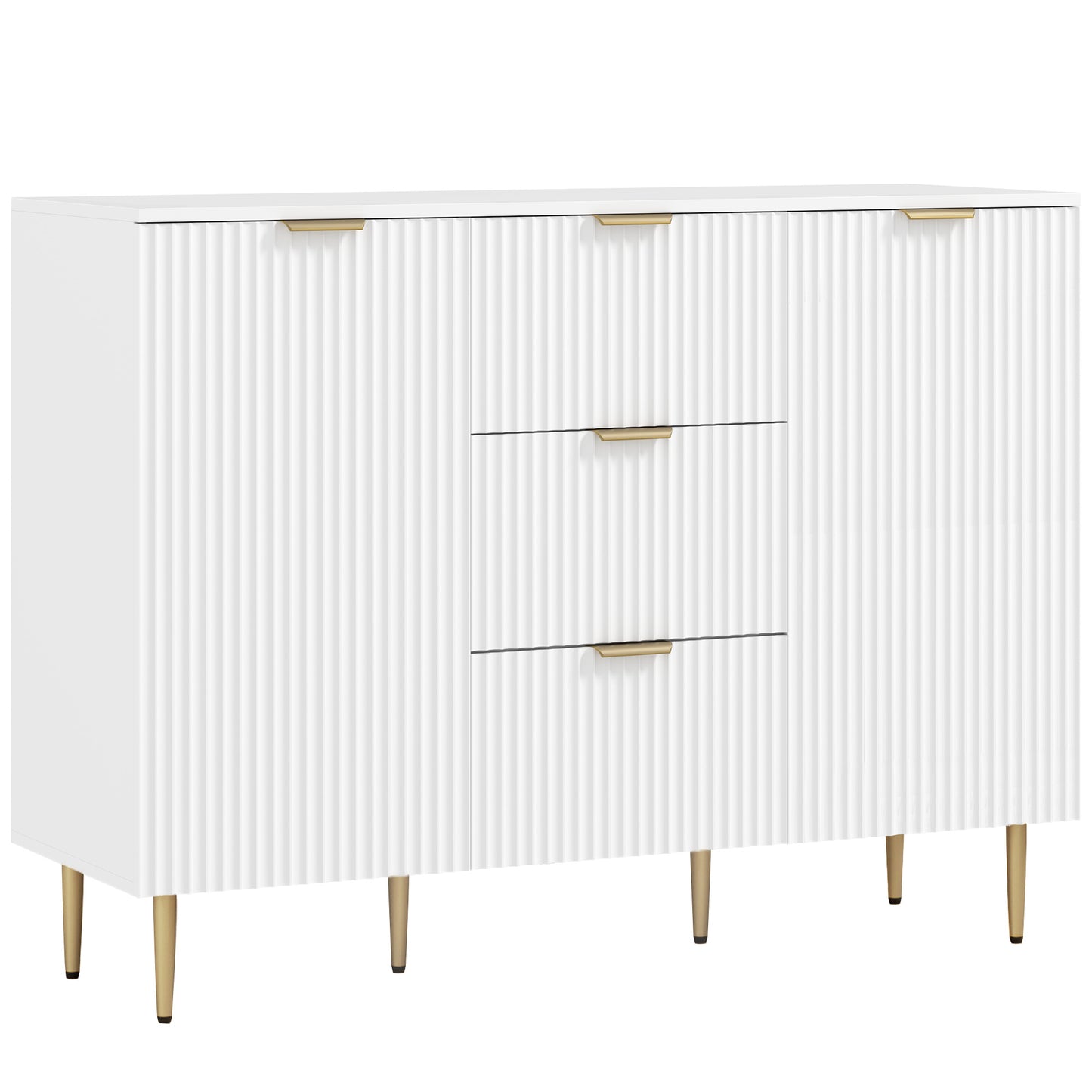 Bufet Modern cu 3 Sertare, 2 Dulapuri și Rafturi Reglabile, Lemn și Metal, Alb