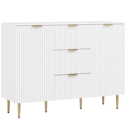 Bufet Modern cu 3 Sertare, 2 Dulapuri și Rafturi Reglabile, Lemn și Metal, Alb