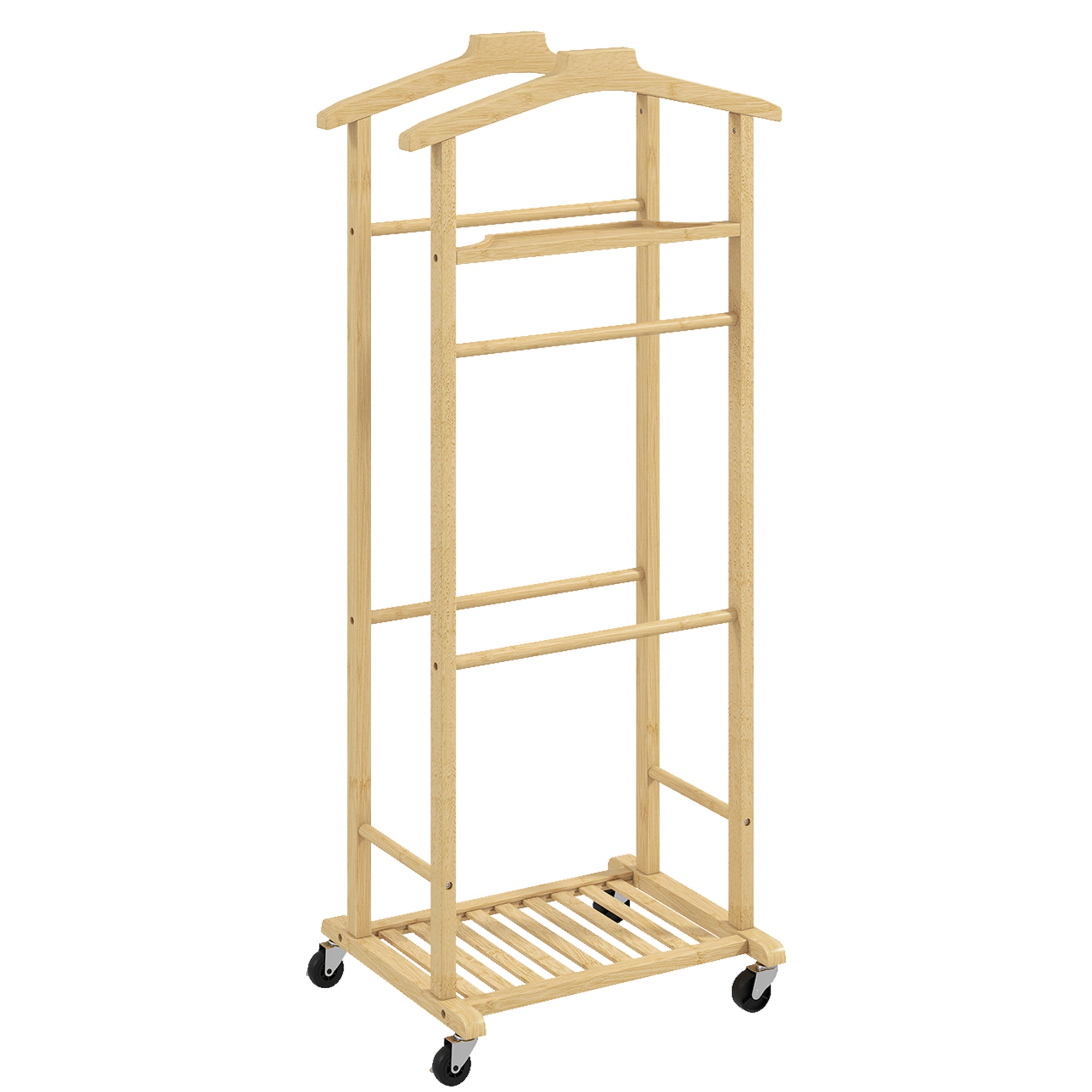 Servomut 4 în 1 pe roți, cu 2 bare, tavă pentru chei și raft pentru pantofi, din bambus, 47x33,7x105,5 cm