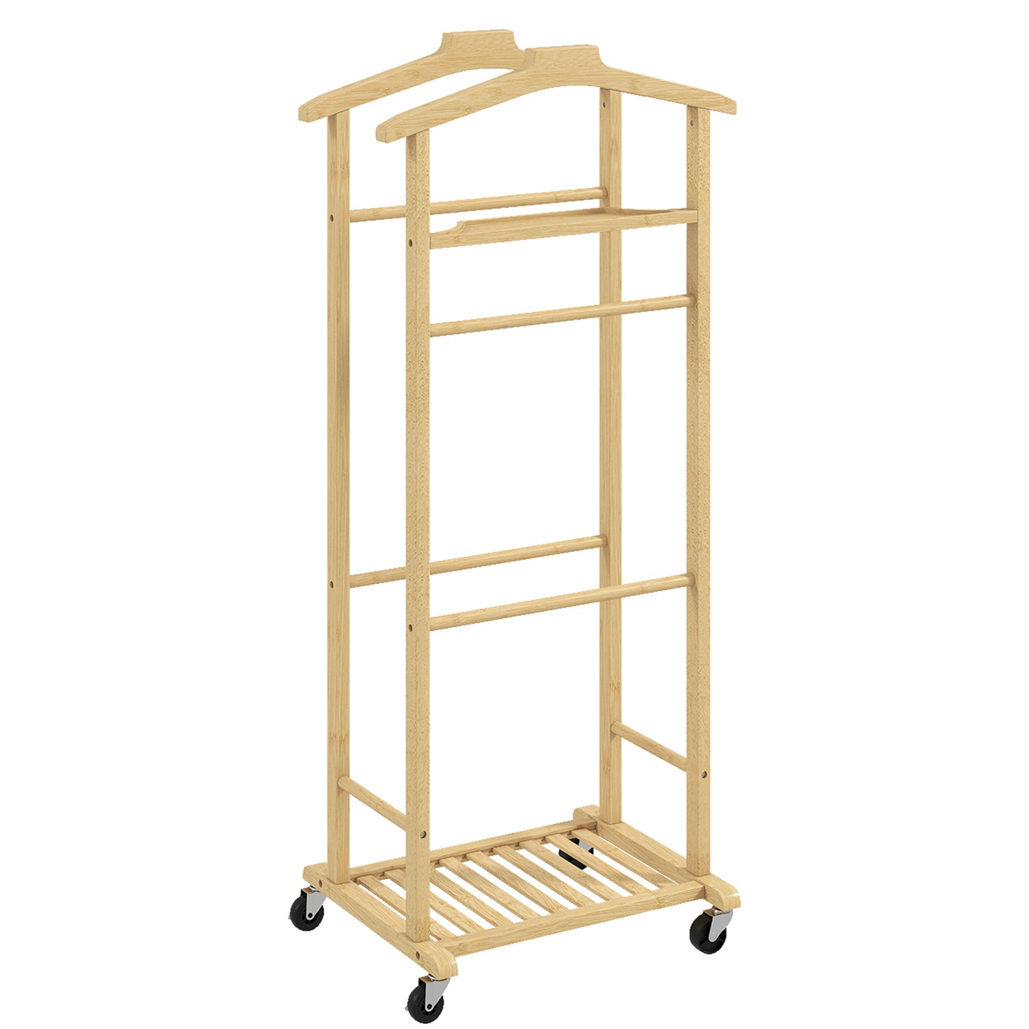 Servomut 4 în 1 pe roți, cu 2 bare, tavă pentru chei și raft pentru pantofi, din bambus, 47x33,7x105,5 cm