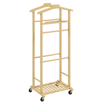 Servomut 4 în 1 pe roți, cu 2 bare, tavă pentru chei și raft pentru pantofi, din bambus, 47x33,7x105,5 cm