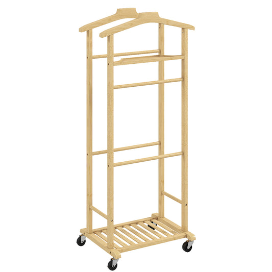 Servomut 4 în 1 pe roți, cu 2 bare, tavă pentru chei și raft pentru pantofi, din bambus, 47x33,7x105,5 cm
