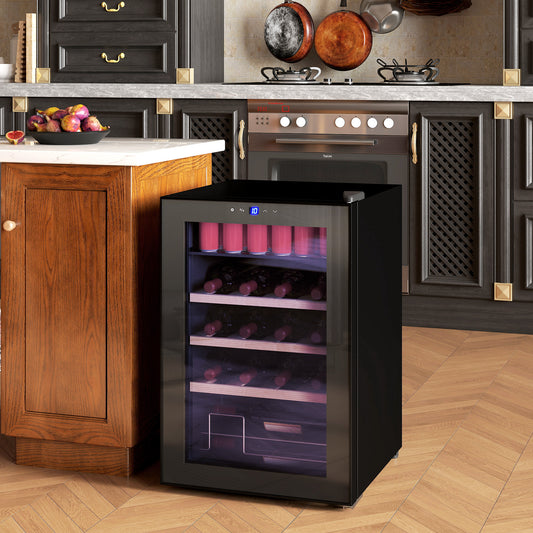 Vitrină pentru Vinuri Refrigerată 12 Sticle 53L Vitrină Frigider Silențioasă Temperatură Reglabilă 5-18℃ Frigider Vinuri Bar cu Sticlă Anti UV, Rafturi, Compresor, Display Tactil, Lumini LED, Clasa G