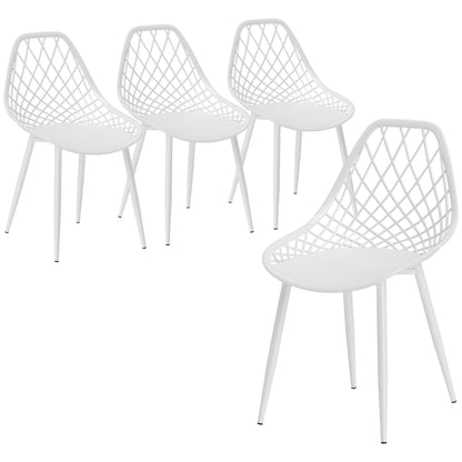 Set 4 scaune de masă moderne cu spătar perforat din plastic și picioare din metal, alb