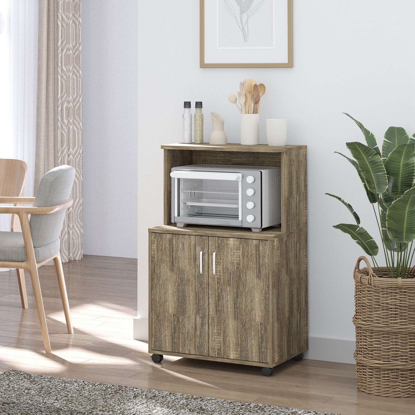 Mobilier Bucatarie Multifunctional  cu 4 Roti, Dulapior si Etajera pentru Microunde, 60,4x40,3x97cm - Lemn