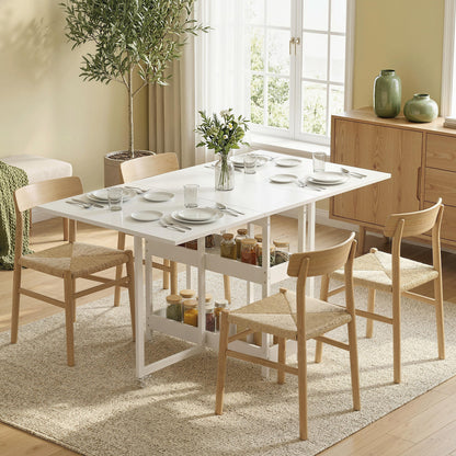, Masă de Dining Pliabilă, Cu 2 Rafturi Deschise, PAL, Metal, 133.4cm x 80cm x 75cm, Alb