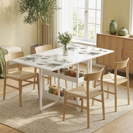 , Masă de Dining Pliabilă, Cu 2 Rafturi Deschise, PAL, Metal, 133.4cm x 80cm x 75cm, Alb