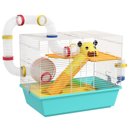 Cușcă pentru Hamsteri cu Roată, Căsuță, Bol, Rampe și Recipient Apă, Cușcă pentru Gerbili din Oțel, PS și PP, 45x28x37 cm, Alb și Albastru