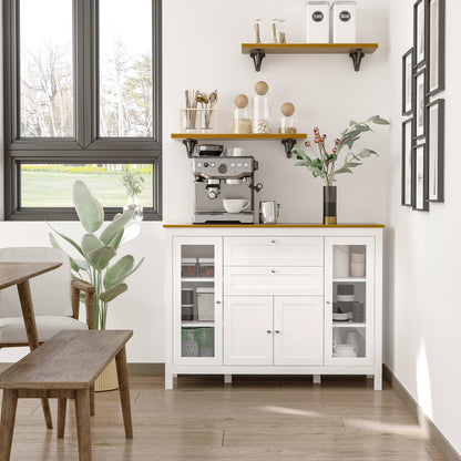 Mobilier de Bucătărie cu 2 Sertare și 3 Dulapuri, Uși din Sticlă și Rafturi Ajustabile, 120x40x90 cm, Alb și Stejar