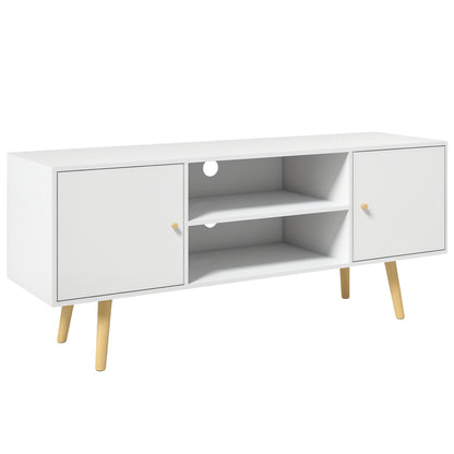 Cabinet TV 55" cu 2 Dulapuri, Uși și 2 Rafturi Deschise, Consolă TV din Lemn și PAL, 120x34x50 cm, Alb