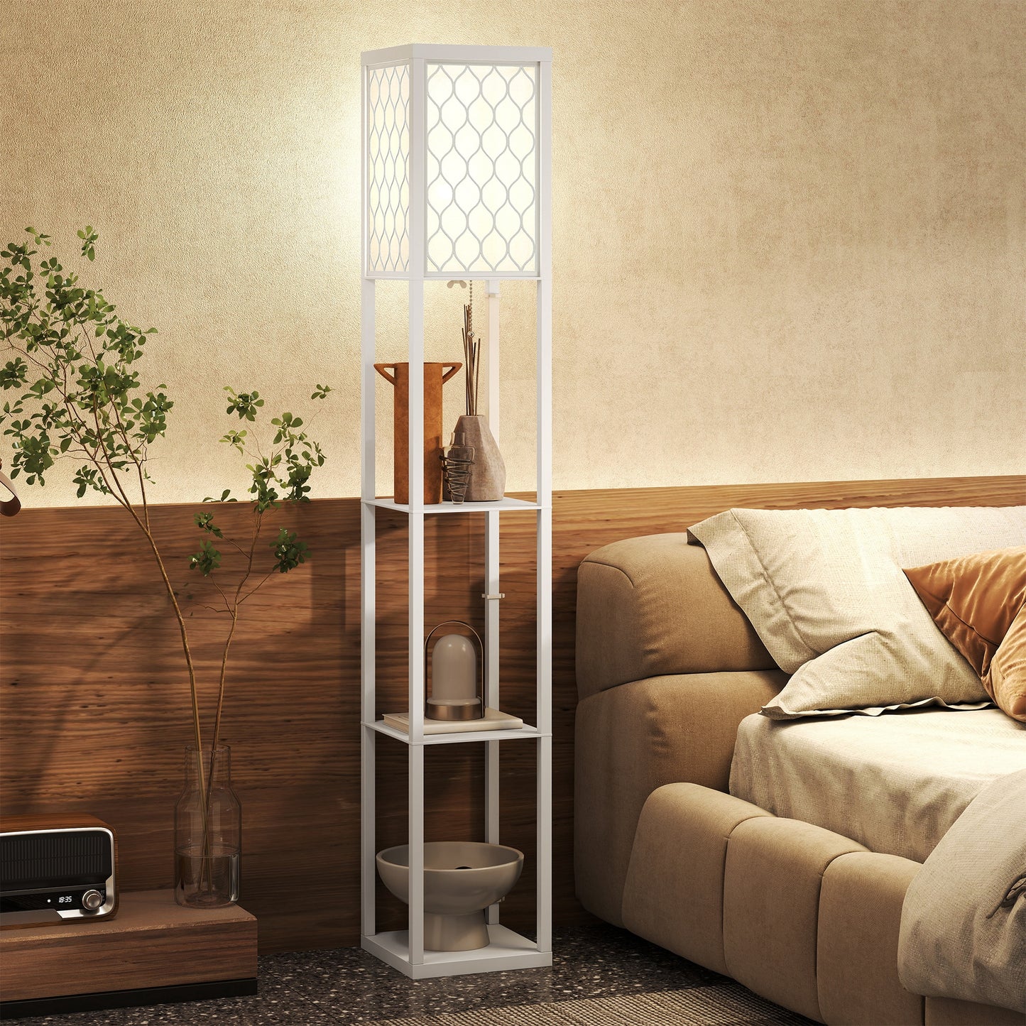 Lampă de Podea 2 în 1 Modernă cu 3 Rafturi, Soclu E27, 26 x 26 x 160 cm, Alb