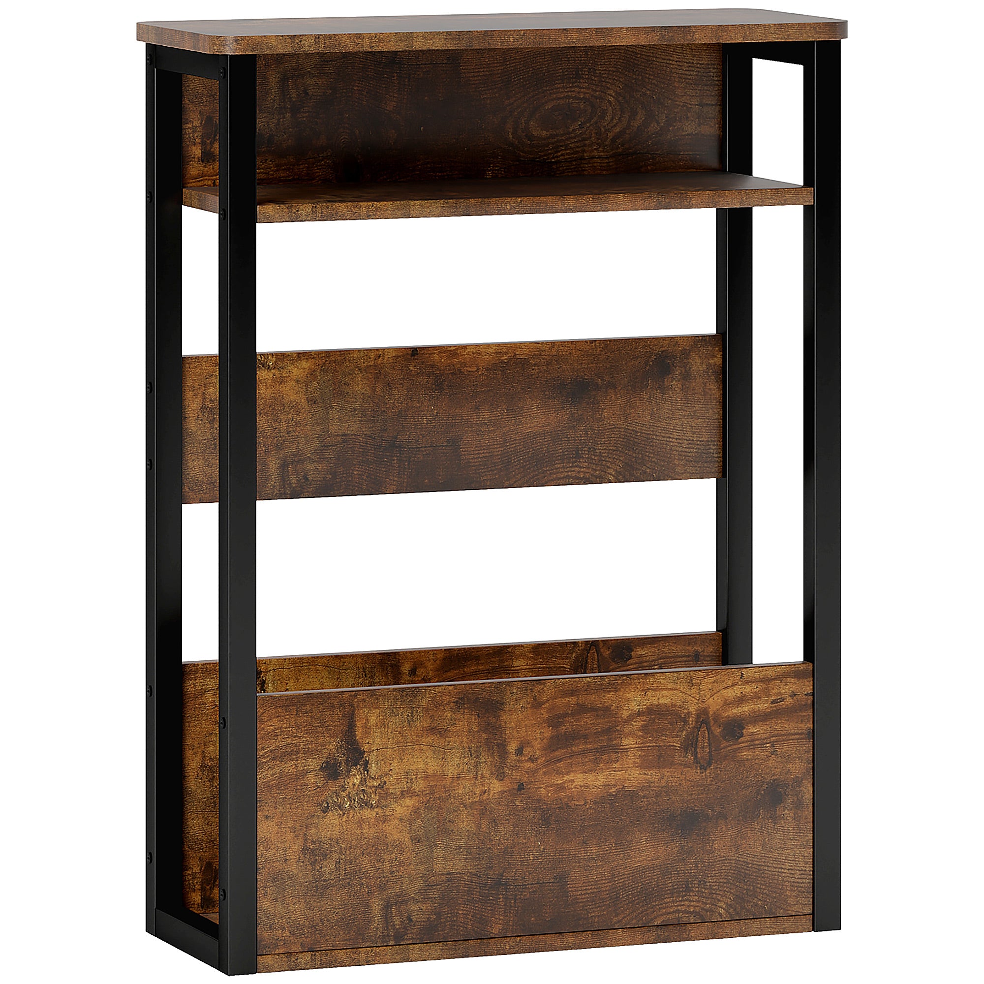Masă de cafea în stil industrial pentru living, cu 2 rafturi, din lemn și metal, 46x18x58,5 cm, maro