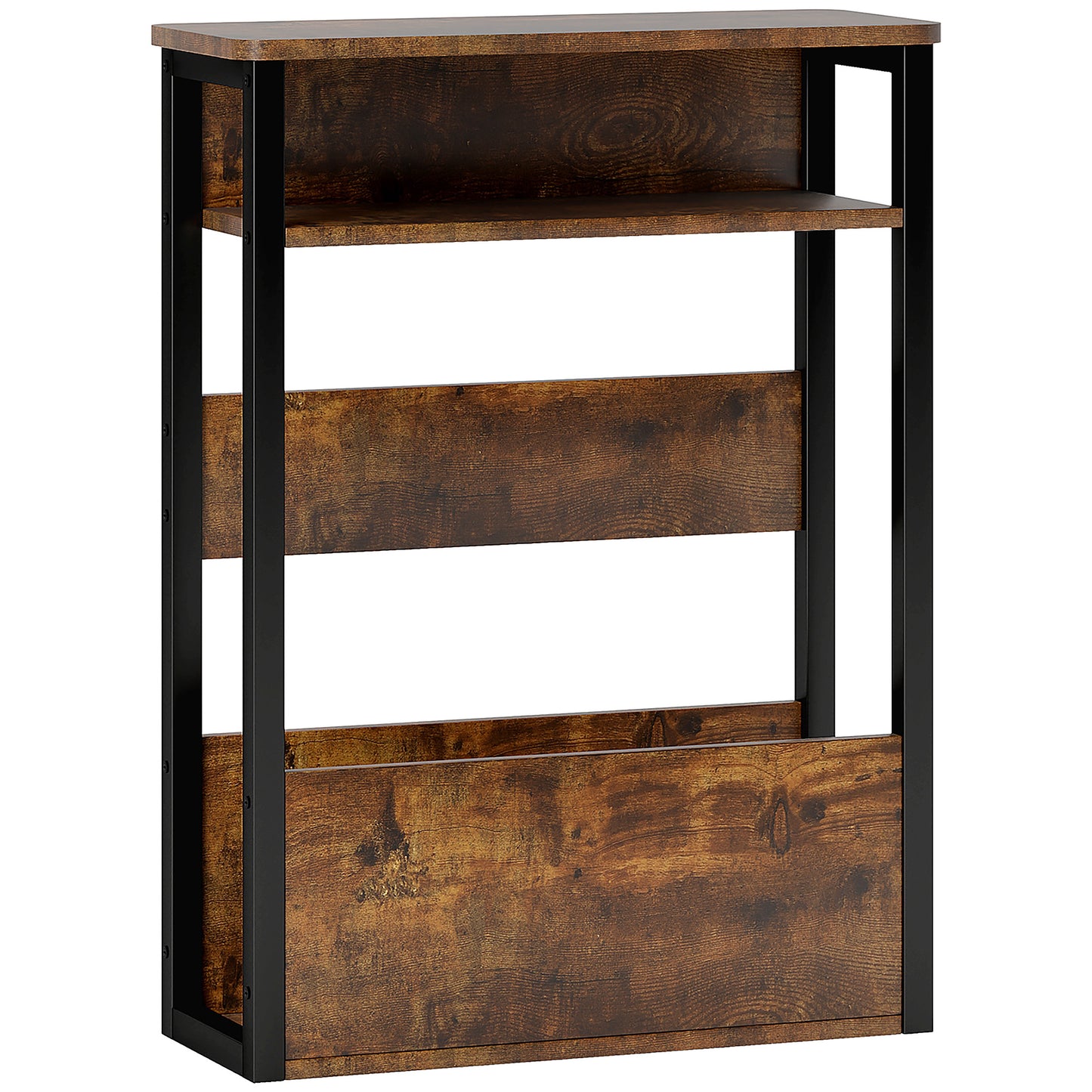Masă de cafea în stil industrial pentru living, cu 2 rafturi, din lemn și metal, 46x18x58,5 cm, maro