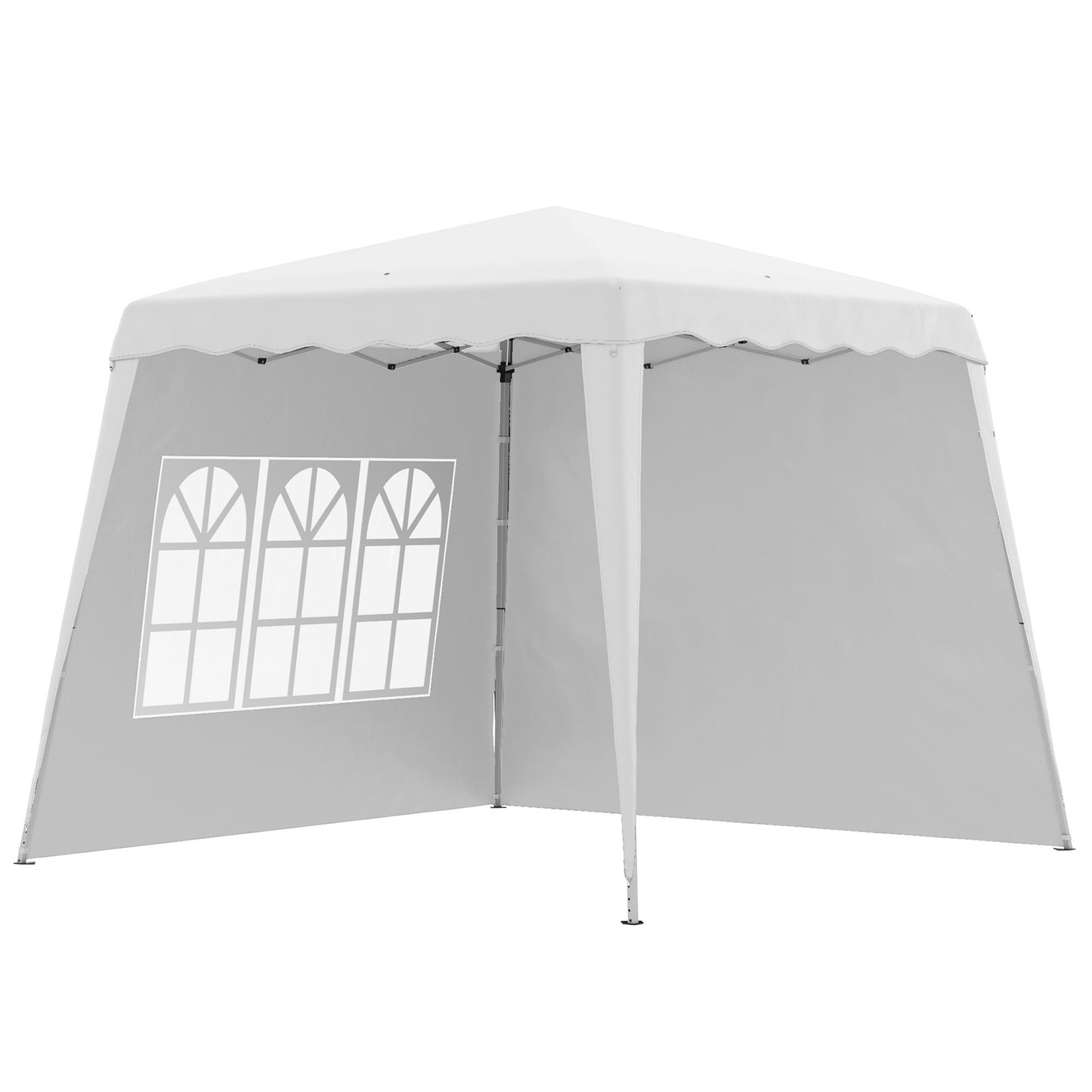 Pavilion pliabil cu 2 laterale, Stalpi oblici si geanta de transport, cort de evenimente inaltime reglabila UV50+, cort de gradina, curte, acoperis 2,4 x 2,4 m / baza 2,9 x 2,9 m, alb