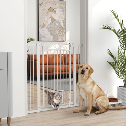 Poartă pentru câini reglabilă cu extensii și ușă pentru pisici, 76-104x106 cm, alb