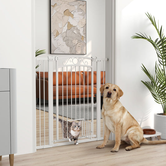 Poartă pentru câini reglabilă cu extensii și ușă pentru pisici, 76-104x106 cm, alb