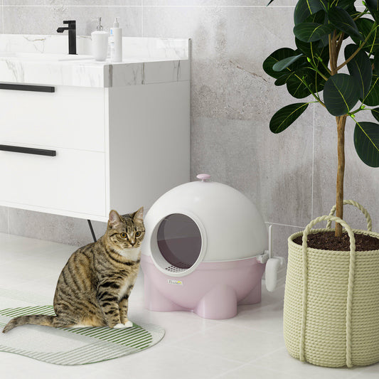 Litiere pentru Pisici 4kg Max cu Capac și Lopățică Inclusă, 53x51x48 cm, Albă și Roz