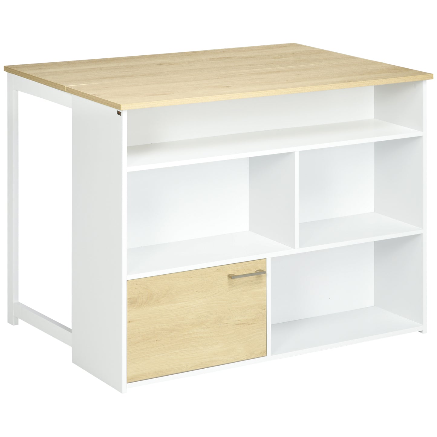 Masa pentru Bar Moderna si Extensibila din MDF pentru 2 Persoane cu 4 Rafturi deschise si Dulapior, 116x79.5x91 cm, Alb si Lemn natur