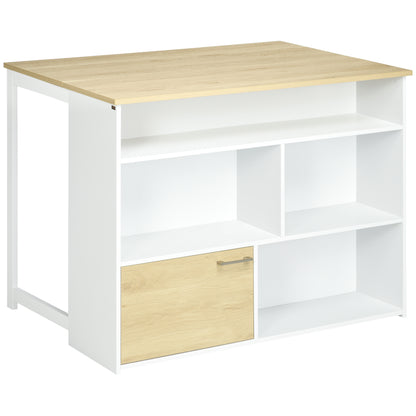 Masa pentru Bar Moderna si Extensibila din MDF pentru 2 Persoane cu 4 Rafturi deschise si Dulapior, 116x79.5x91 cm, Alb si Lemn natur