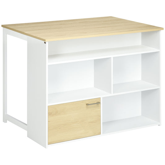 Masa pentru Bar Moderna si Extensibila din MDF pentru 2 Persoane cu 4 Rafturi deschise si Dulapior, 116x79.5x91 cm, Alb si Lemn natur