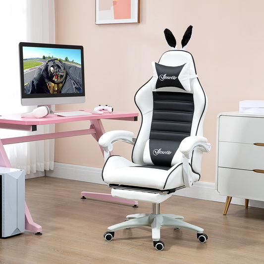Scaun Gaming cu Urechi de Iepuraș, Suport pentru Picioare, Perne, Reclinabil și cu Înălțime Reglabilă, Negru