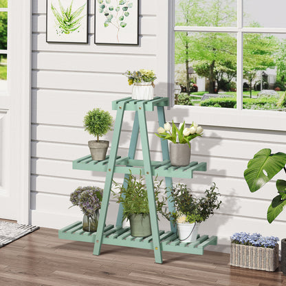 Suport pentru plante din lemn de brad cu 3 niveluri pentru interior si exterior, 76x26x76cm, verde deschis