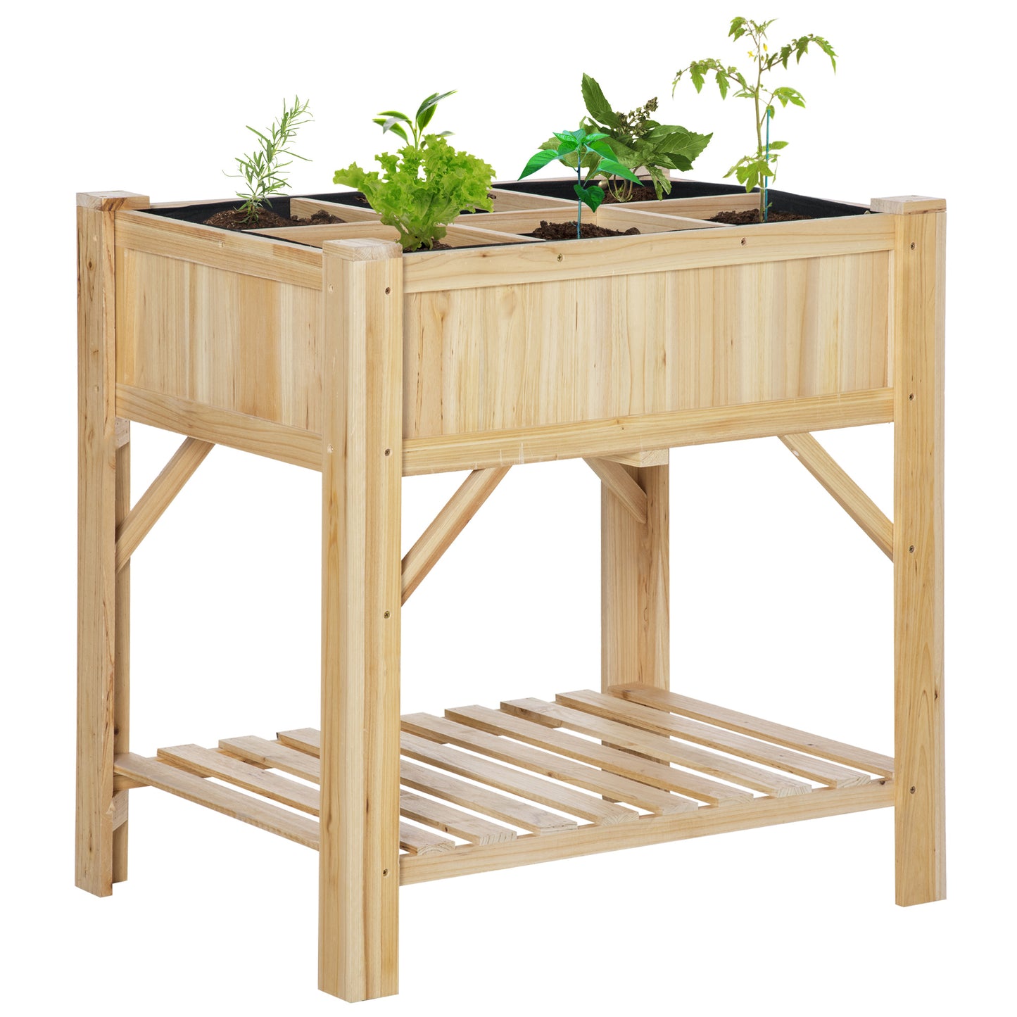 Pat pentru Gradina de Legume Inaltat cu  6 Compartimente, Jardiniera de Exterior Suport Plante din Lemn de Brad, 78.5x58x81cm