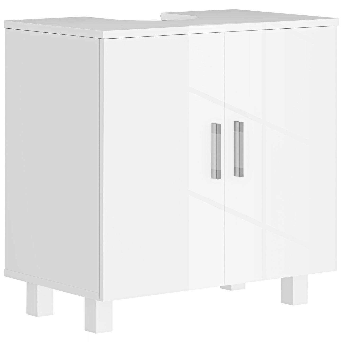 Mobilier Sub Chiuvetă pentru Baie cu 2 Uși, Raft Central, Mâner și Picioare Antiderapante, 60x35x60 cm, Alb Lucios