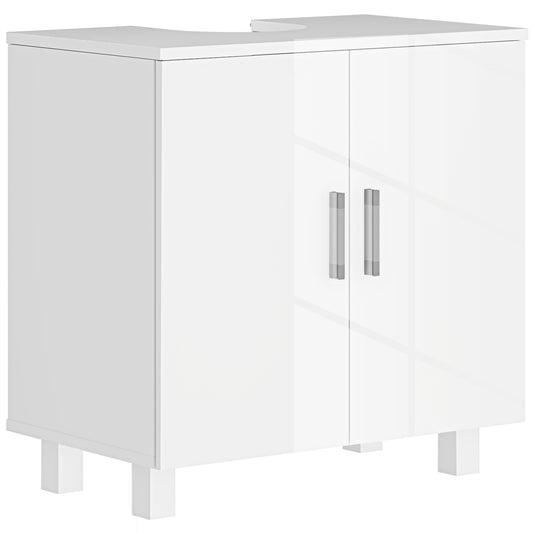 Mobilier Sub Chiuvetă pentru Baie cu 2 Uși, Raft Central, Mâner și Picioare Antiderapante, 60x35x60 cm, Alb Lucios