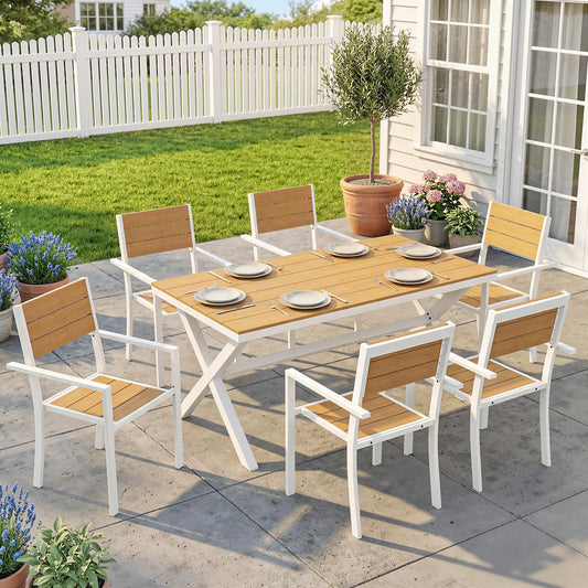 Set Masă și Scaune de Grădină 7 Piese, Set Prânz Exterior din Aluminiu cu 6 Scaune Stivuibile, Masă cu Șipci Imitatie Lemn, pentru Terasă, Balcon, Patio, Teak