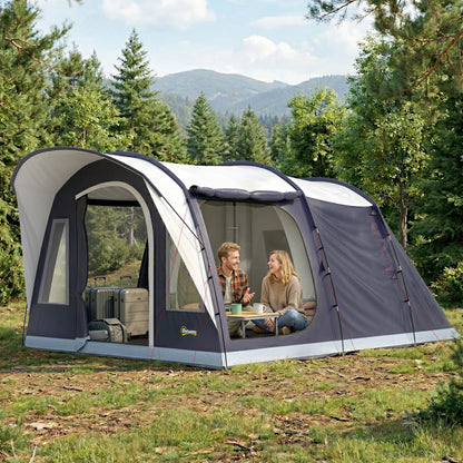 Cort de Camping Tunel pentru 2-4 Persoane, Înălțime 213cm, cu 2 Camere, Cort Familial Impermeabil 3000mm cu Verandă, Ferestre, Buzunare, Cârlig și Geantă de Transport, Bleumarin