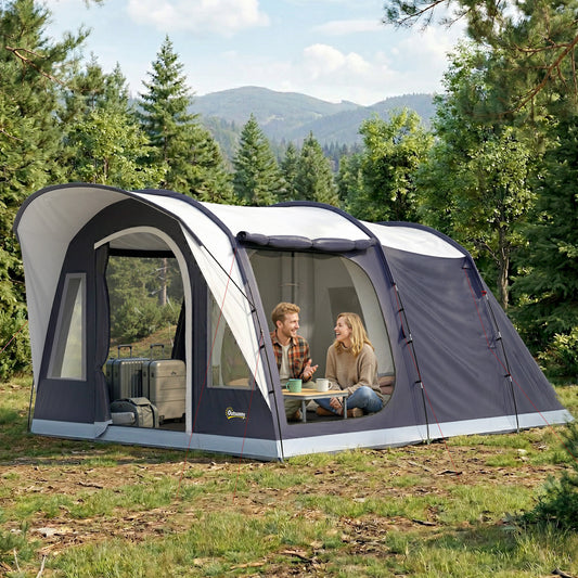 Cort de Camping Tunel pentru 2-4 Persoane, Înălțime 213cm, cu 2 Camere, Cort Familial Impermeabil 3000mm cu Verandă, Ferestre, Buzunare, Cârlig și Geantă de Transport, Bleumarin