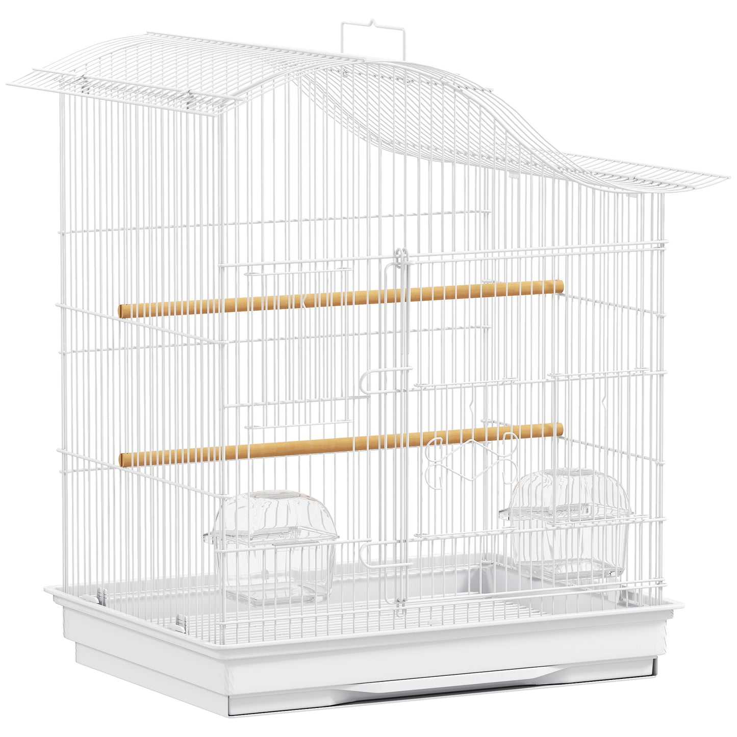 Colivie pentru Păsări cu 4 Uși, 2 Boluri, 2 Stinghii și Tavă Detașabilă, Volieră din Metal și Plastic, 47,5x36x54,5 cm, Alb