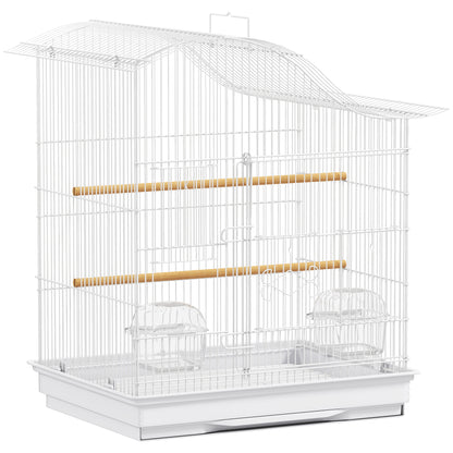 Colivie pentru Păsări cu 4 Uși, 2 Boluri, 2 Stinghii și Tavă Detașabilă, Volieră din Metal și Plastic, 47,5x36x54,5 cm, Alb