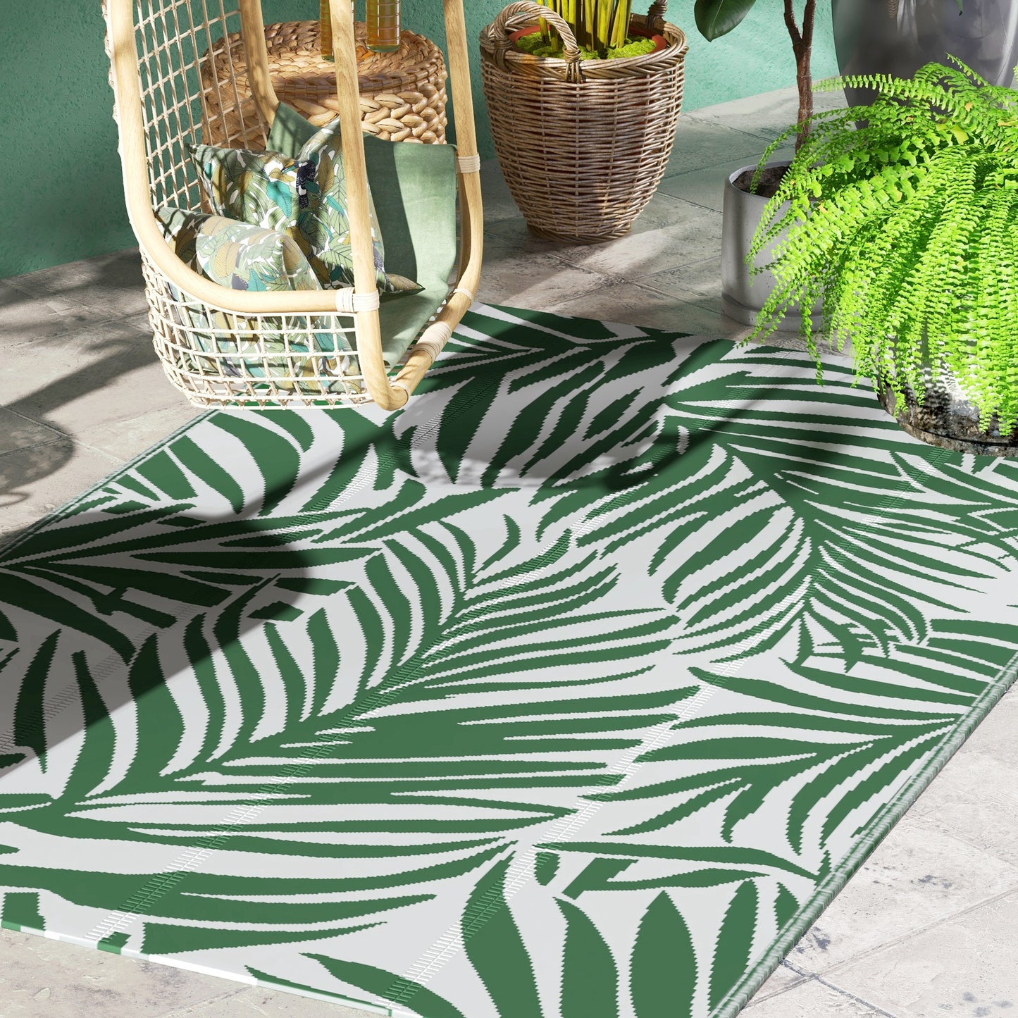 Covor de Exterior pentru Balcon și Terasă, Rezistent la Raze UV, 152x243 cm, Verde și Alb