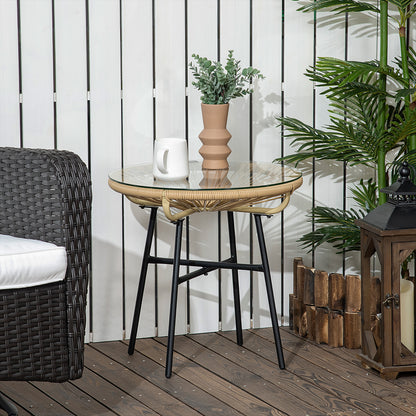 Masa laterala din ratan, Masuta rotunda de cafea pentru exterior, cu ratan rotund PE si blat din sticla securizata pentru terasa, gradina, balcon, negru